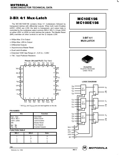 Motorola MC10E156/MC100E156 3-Bit 4:1 Mux-Latch Datasheet