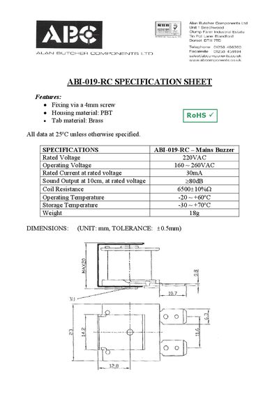 Alan Butcher Components ABI-019-RC Mains Buzzer Specification Sheet - cover page