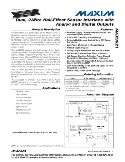 Maxim MAX9621 Dual Hall-Effect Sensor Interface Datasheet - cover page