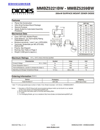 Diodes Incorporated MMBZ5221BW-MMBZ5259BW Zener Diode Datasheet - cover page