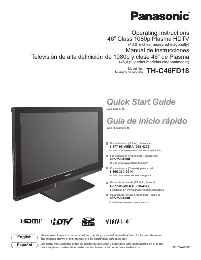 Panasonic TH-C46FD18 Plasma HDTV Operating Instructions - cover page