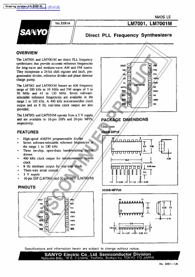 Sanyo LM7001/LM7001M Direct PLL Frequency Synthesizers Datasheet - cover page