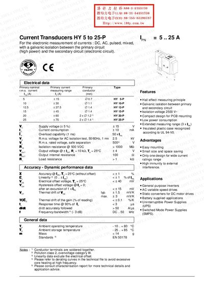 Current HY 5-P to 25-P Current Transducers Datasheet