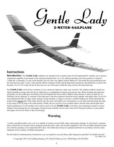 CARL GOLDBERG PRODUCTS Gentle Lady 2-METER-SAILPLANE Manual - cover page