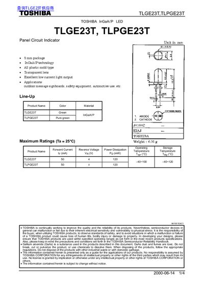 Toshiba TLGE23T and TLPGE23T LED Datasheet - cover page