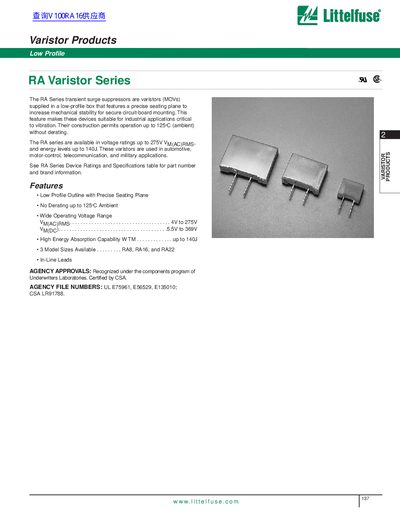 Littelfuse RA Varistor Series Datasheet - cover page