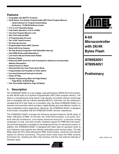 Atmel AT89S2051/AT89S4051 Preliminary Handbook - cover page