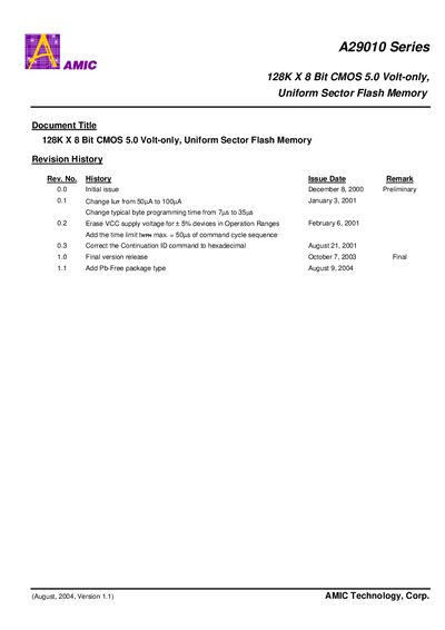 AMIC A29010 Series Flash Memory Datasheet