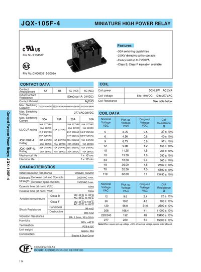 Hongfa JQX-105F-4 Relay Datasheet - cover page
