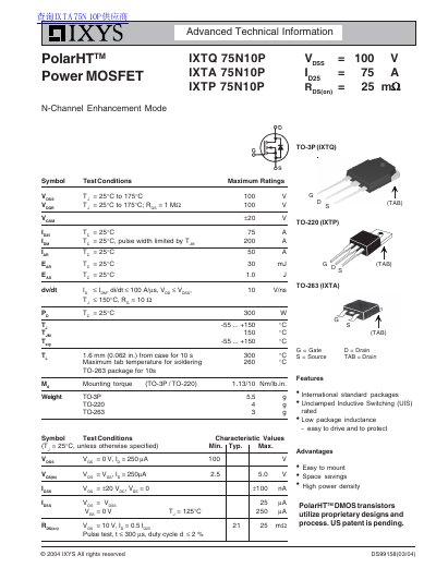 IXYS IXTA/IXTP/IXTQ 75N10P MOSFET Datasheet - cover page