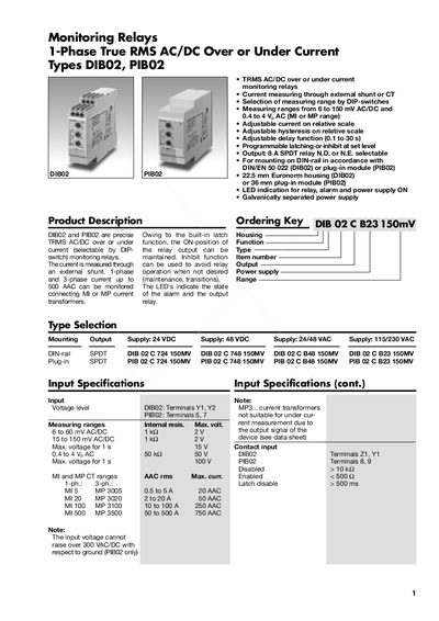 Monitoring Relays 1-Phase True RMS AC/DC Over or Under Current Types DIB02 PIB02 - cover page