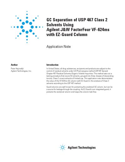 Agilent VF-624ms GC Separation of USP 467 Class 2 Solvents Application Note - cover page
