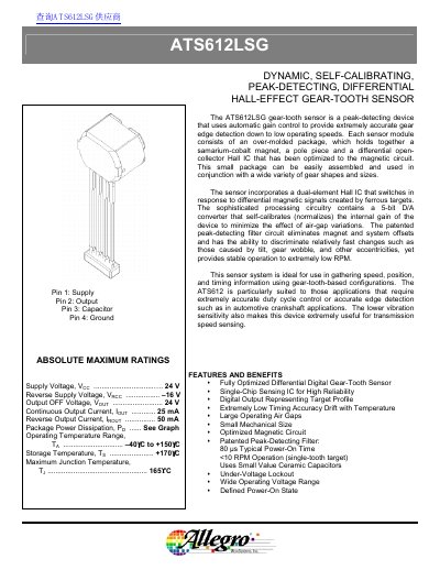 Allegro ATS612LSG Differential Hall-Effect Gear-Tooth Sensor Datasheet - cover page