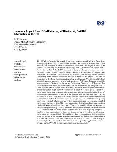 HP Summary Report of SWARA Survey of Biodiversity/Wildlife Information in the UK - cover page