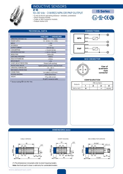 Datasensor B&' Connector Inductive Sensors Datasheet - cover page
