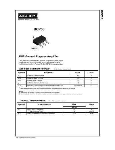Fairchild BCP53 PNP General Purpose Amplifier Datasheet - cover page