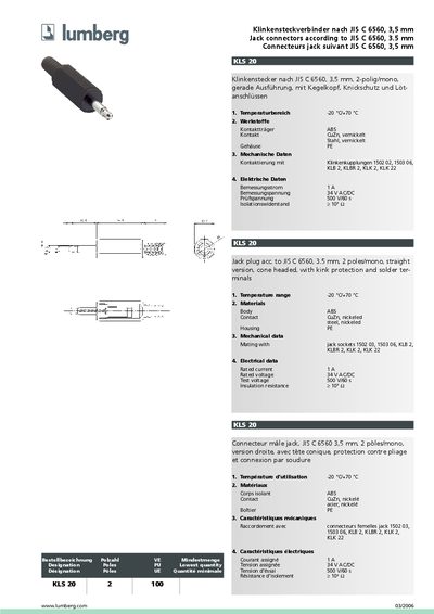 LUMBERG KLS 20 Klinkensteckverbinder nach JIS C 6560 3 5 mm Jack connectors according to JIS C 6560 3.5 mm Connecteurs jack suivant JIS C 6560 3 5 mm handbook - cover page