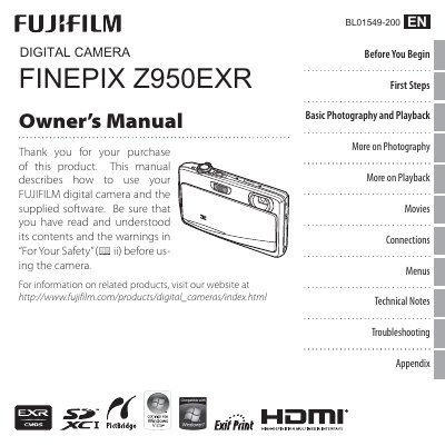 Fujifilm FinePix Z950EXR Digital Camera User Manual - cover page