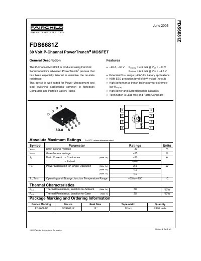 Fairchild FDS6681Z P-Channel MOSFET Datasheet - cover page
