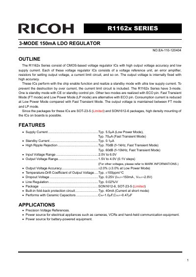 Ricoh R1162x Series 3-Mode 150mA LDO Regulator Datasheet - cover page