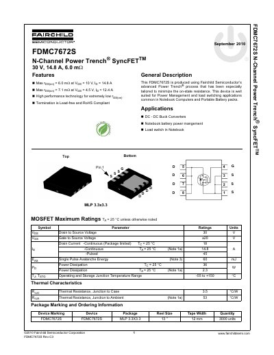 Fairchild Semiconductor FDMC7672S N-Channel Power Trench SyncFET Datasheet - cover page
