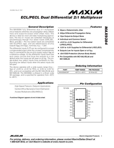 Maxim MAX9384 ECL/PECL Dual Differential 2:1 Multiplexer Datasheet - cover page