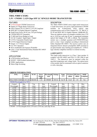 Optoway TRSL-9380F-CXX0G CWDM Transceiver Datasheet - cover page