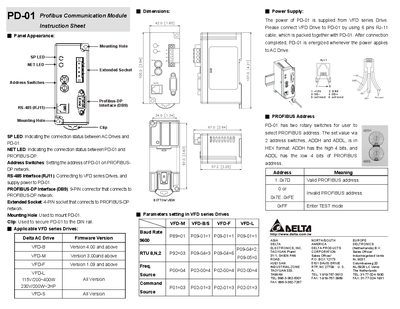 Delta PD-01 Profibus Communication Module Installation Guide - cover page