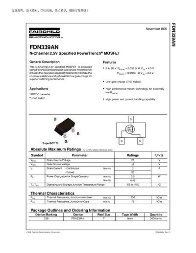 Fairchild FDN339AN N-Channel 2.5V PowerTrench MOSFET Datasheet - cover page
