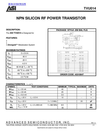 ASI TVU014 NPN Silicon RF Power Transistor Datasheet - cover page