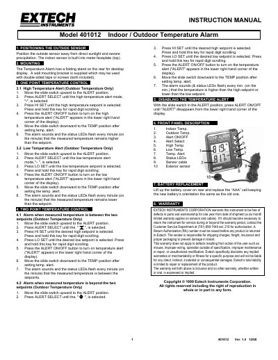 Extech Model 401012 Indoor/Outdoor Temperature Alarm Instruction Manual - cover page