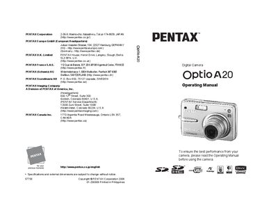 Pentax Optio A20 Digital Camera Operating Manual - cover page
