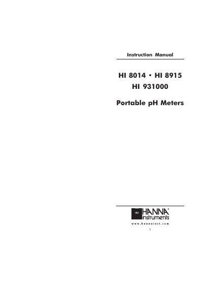 Hanna Instruments HI 8014/8915/931000 Portable pH Meters Instruction Manual - cover page