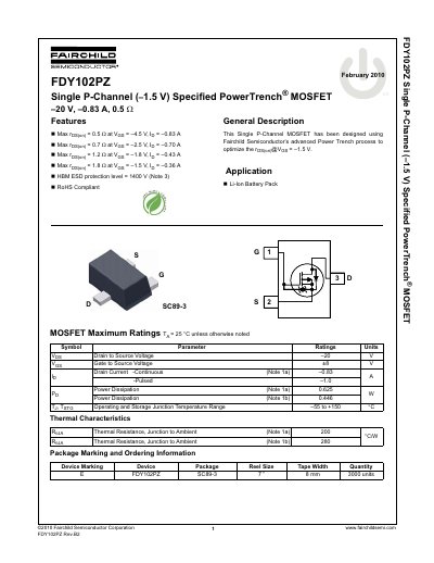 Fairchild Semiconductor FDY102PZ Single P-Channel MOSFET Datasheet - cover page