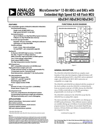 Analog Devices ADuC841/ADuC842/ADuC843 Datasheet Rev 0 - cover page