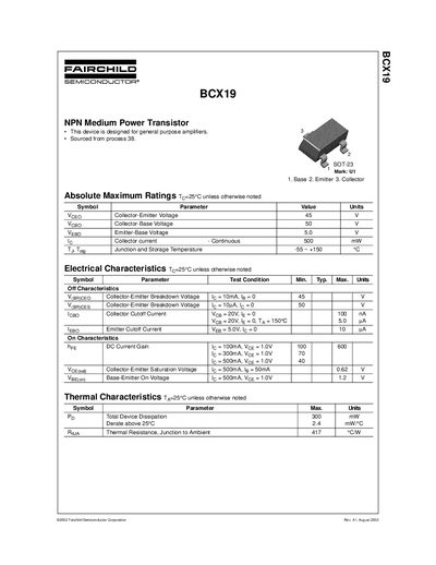Fairchild BCX19 NPN Medium Power Transistor Datasheet - cover page