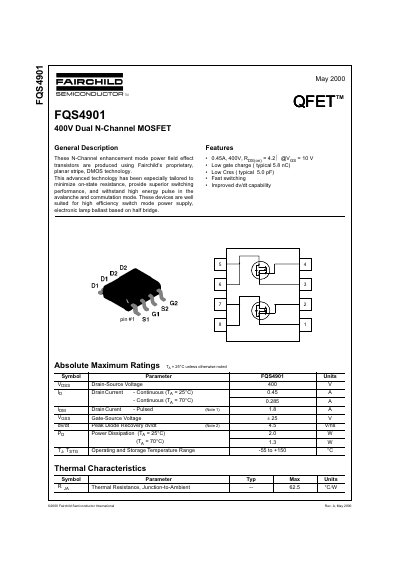 Fairchild FQS4901 400V Dual N-Channel MOSFET Datasheet