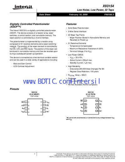 Intersil X93154 Digitally Controlled Potentiometer Data Sheet - cover page