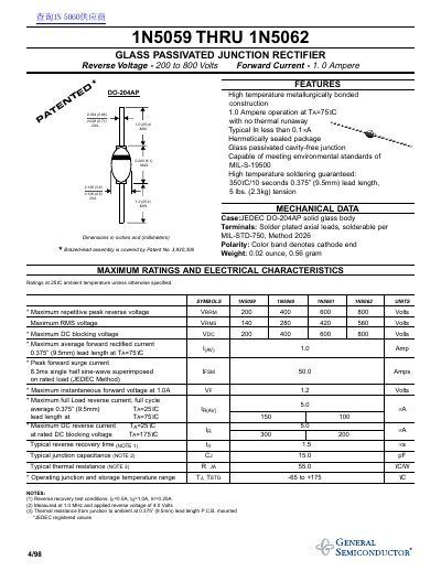 general semiconductor 1N5059GP THRU 1N5062GP GLASS PASSIVATED JUNCTION RECTIFIER handbook - cover page