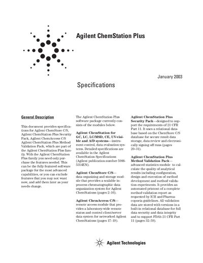 Agilent Technologies ChemStation Plus Product Specifications - cover page