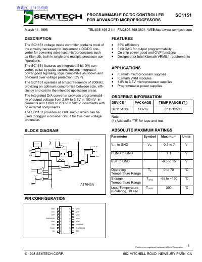 Semtech SC1151 Programmable DC/DC Controller Datasheet - cover page