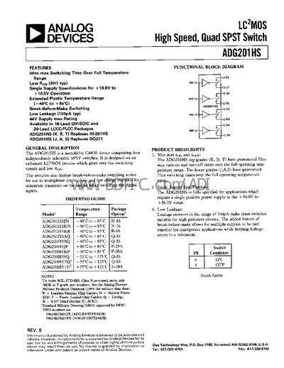 Analog Devices ADG201HS Datasheet - cover page