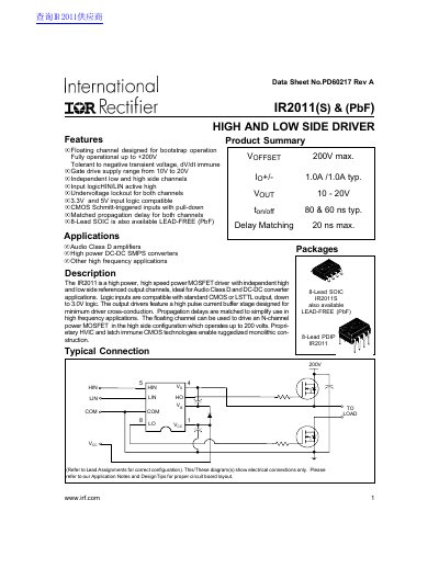 International Rectifier IR2011(S) & (PbF) High and Low Side Driver Data Sheet - cover page