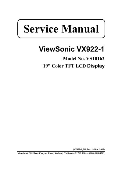 ViewSonic VX922-1 19" Color TFT LCD Display Service Manual - cover page