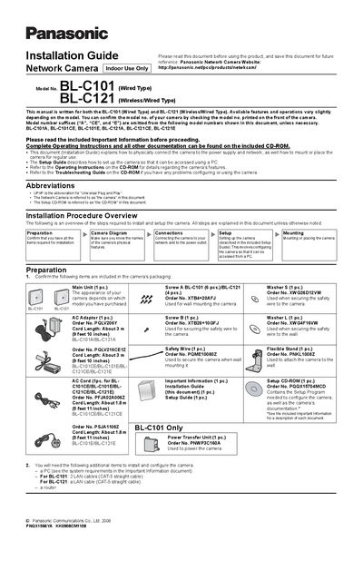 Panasonic BL-C101 / BL-C121 Network Camera Installation Guide