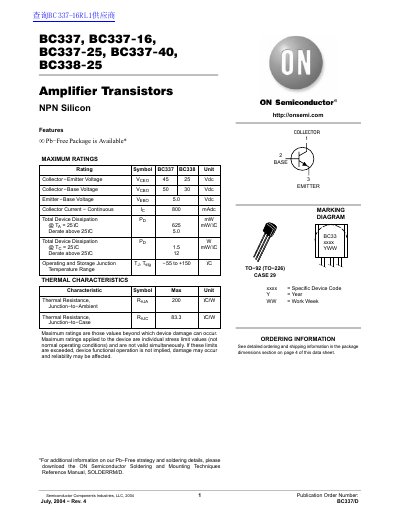 ON Semiconductor BC337/BC338 Amplifier Transistors Datasheet - cover page