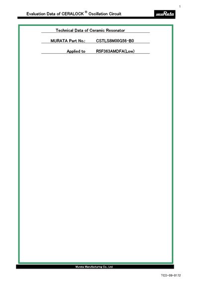 Evaluation Data of CERALOCK Oscillation Circuit MURATA Part No.: CSTLS8M00G56-B0 Applied to R5F363AMDFA(Low) Technical Data of Ceramic Resonator Manual - cover page