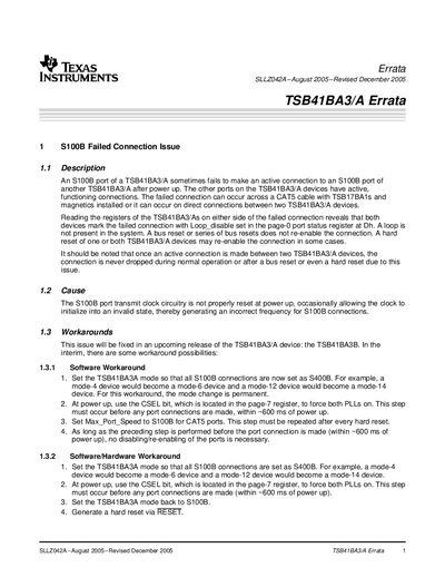 Texas Instruments TSB41BA3/A Errata Manual