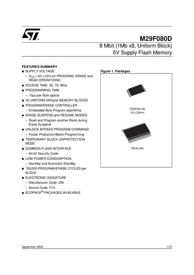 ST M29F080D Datasheet - cover page