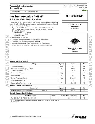 Freescale MRFG35003NT1 RF Power FET Datasheet - cover page